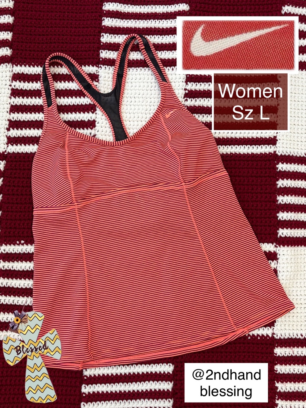 Nike Women’s Coral and Dark Purple Striped Racerback Sports Tank, Women Sz Large